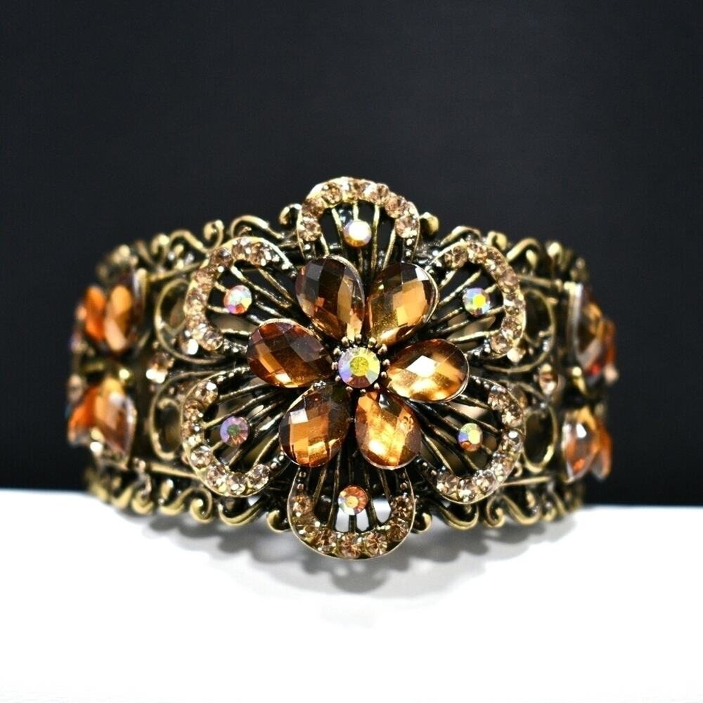 Boho Rhinestone Flower Cuff Bracelet, Aurora Borealis Topaz Glass, 7 Inches